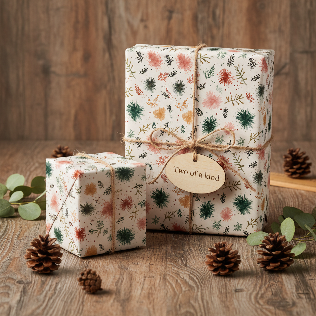 Rustic floral wrapping paper with green, pink, and orange botanicals, tied with twine and a "Two of a kind" tag, surrounded by pinecones and eucalyptus.