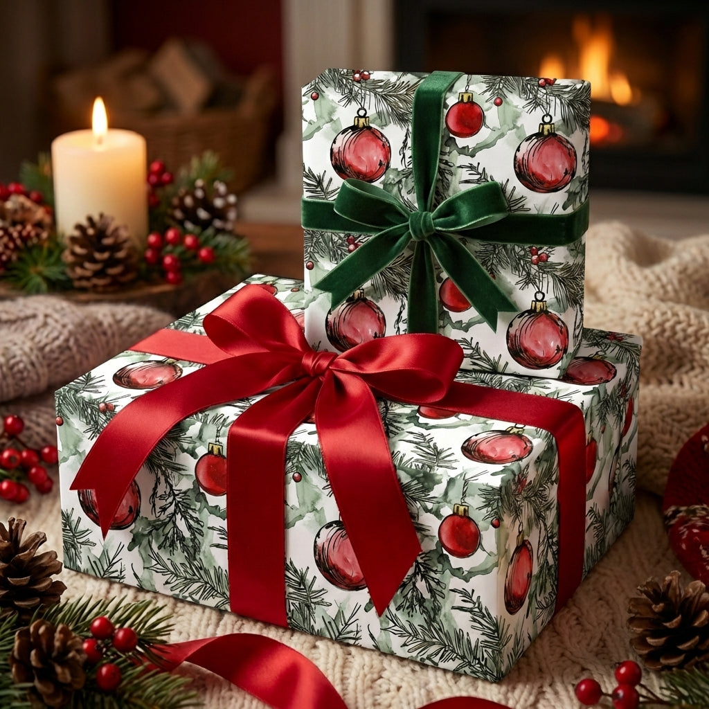 Stacked Christmas gifts wrapped in festive ornament pattern paper with red & green velvet ribbons.