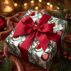 Christmas present wrapped in festive ornament wrapping paper with a red ribbon bow.