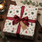 Elegant floral wrapping paper with a red ribbon and tag, perfect for a cozy, rustic holiday or special occasion gift.
