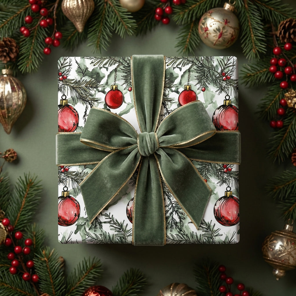 Elegant Christmas gift wrap with velvet olive-green ribbon, ornament pattern, surrounded by evergreen branches and holiday decorations.