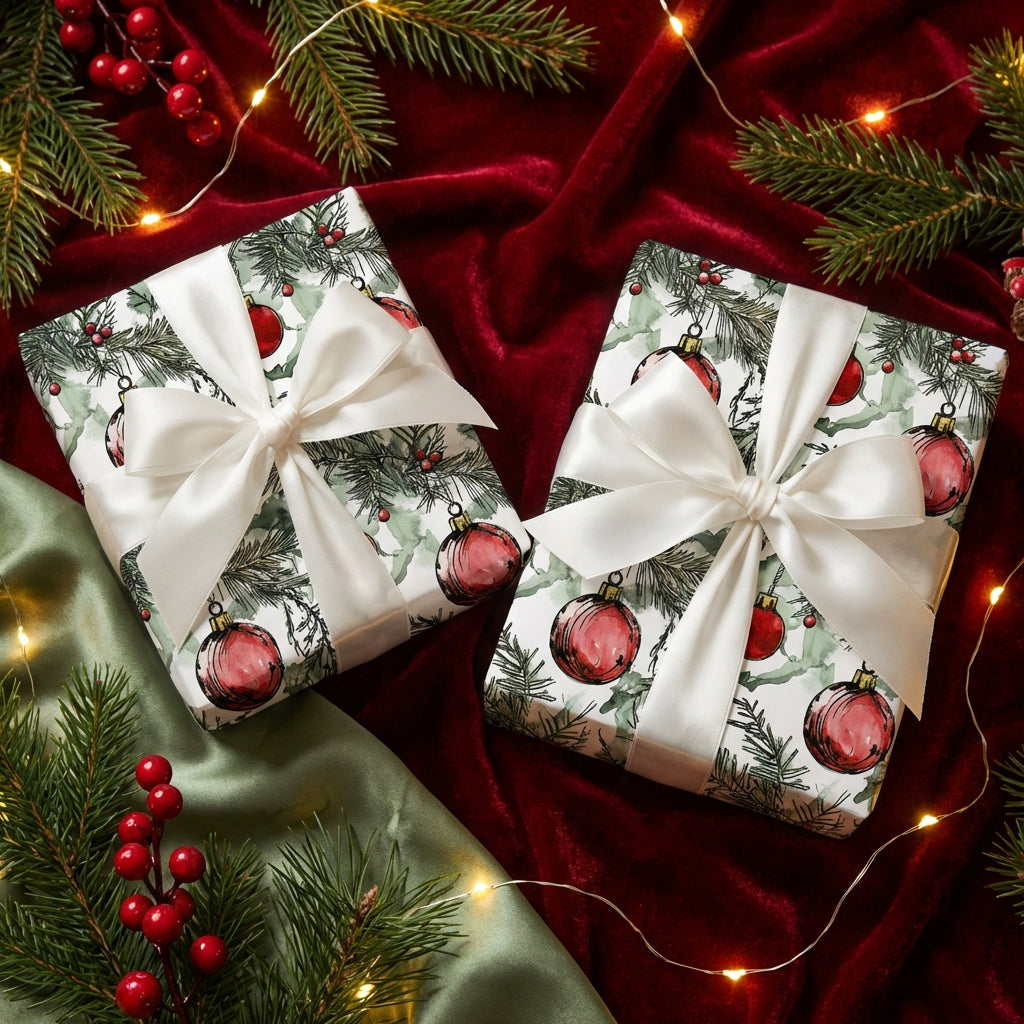 Festive Christmas gifts wrapped in watercolor ornament paper, tied with white satin ribbons.