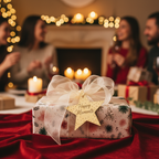 Christmas gift wrap with a gold star tag and sheer white ribbon on a red velvet table with holiday lights and people in the background.
