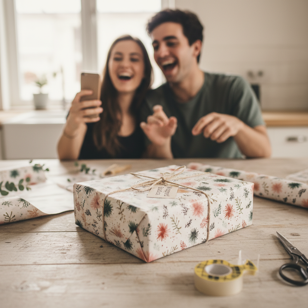 Modern floral wrapping paper with white, red, and green botanical patterns, tied with rustic twine and tag, on a wooden table.