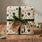 Luxury floral wrapping paper with a botanical pattern, tied with a dark green velvet ribbon and "A special moment" gift tag, perfect for a rustic or elegant present.