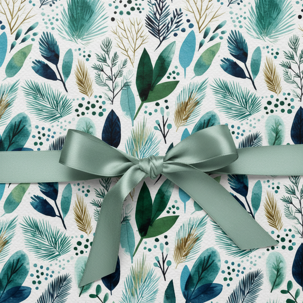 Elegant botanical wrapping paper with a watercolor leaf pattern in shades of teal, blue, and green, tied with a sage green satin bow.