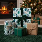 Elegant Christmas gift wrap featuring a teal botanical pattern with a dark green velvet ribbon, set by a cozy fireplace and decorated tree.