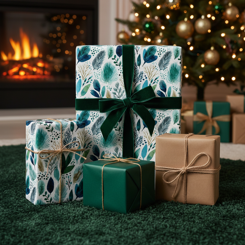 Elegant Christmas gift wrap featuring a teal botanical pattern with a dark green velvet ribbon, set by a cozy fireplace and decorated tree.