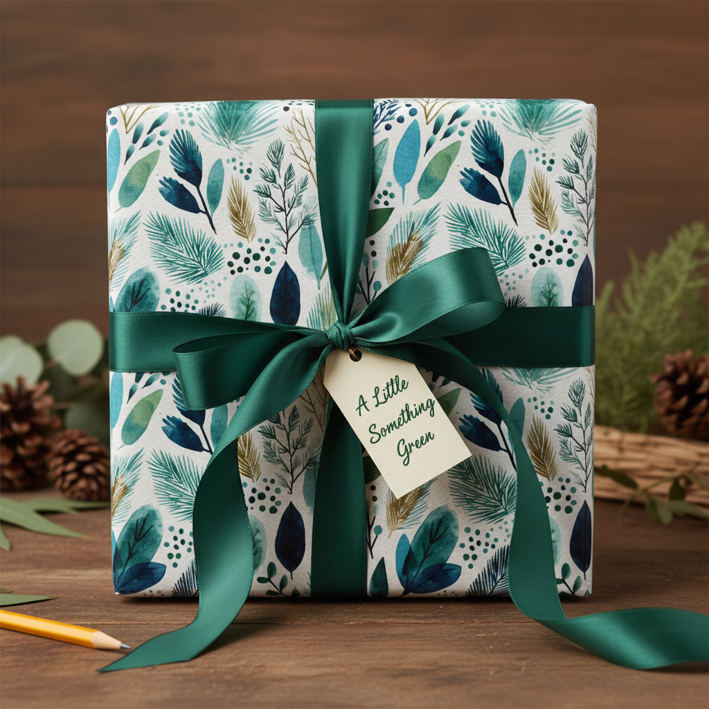 Elegant green botanical wrapping paper with a dark green ribbon and "A Little Something Green" gift tag on a rustic wooden table.