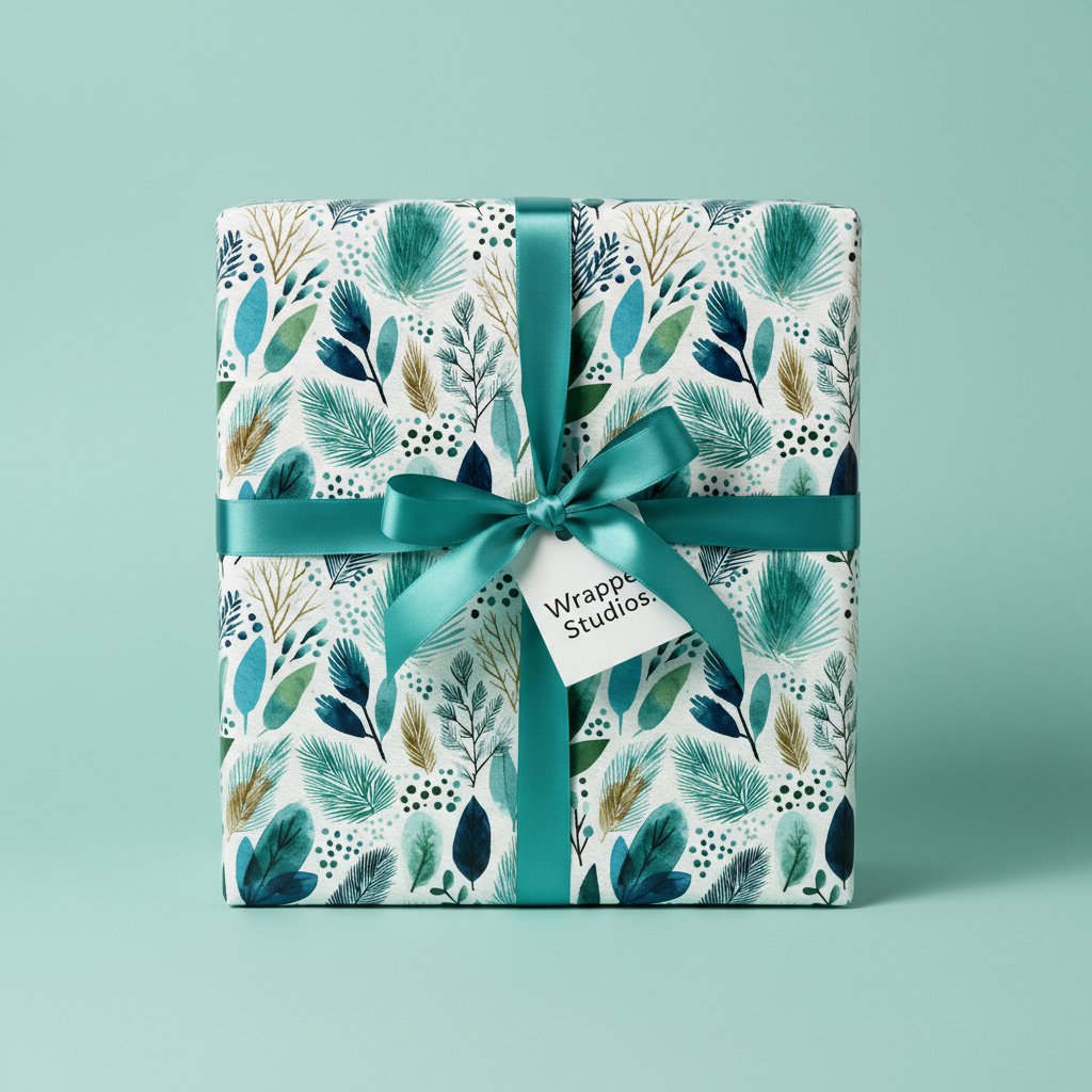 Modern botanical gift wrap in shades of teal, blue, and gold with a teal satin ribbon and white gift tag.