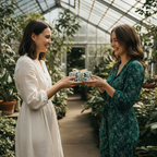 Two smiling women exchanging a beautifully wrapped floral gift box with a gold ribbon in a lush greenhouse, perfect for birthday or thank you gifts.