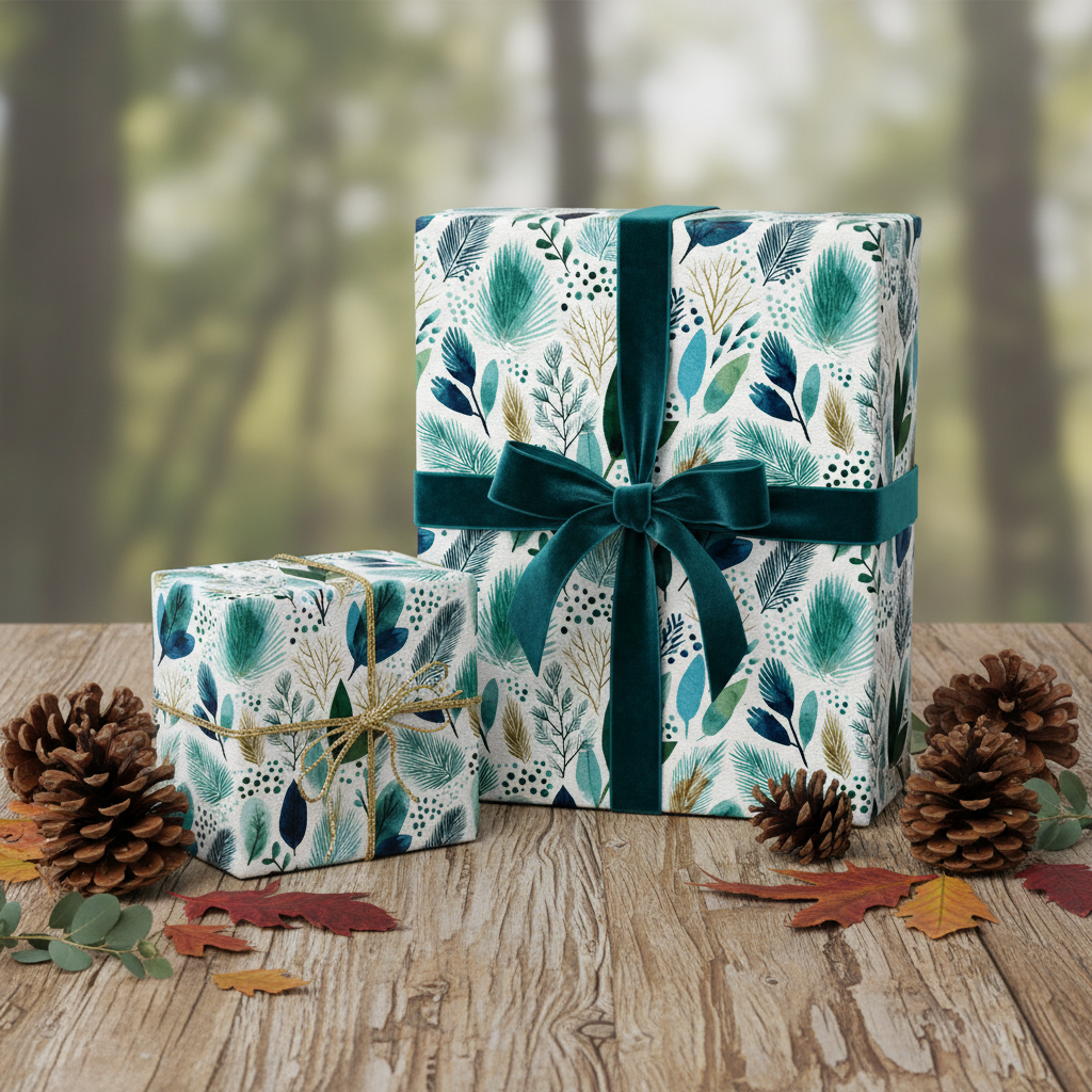 Winter botanical wrapping paper gift box with teal velvet ribbon and pinecones on a rustic wooden table, perfect for luxury Christmas gifts.
