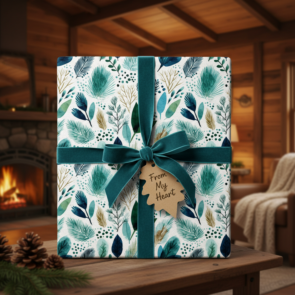 Winter botanical wrapping paper with a teal velvet ribbon and "From My Heart" tag, on a rustic wooden table by a cozy fireplace.