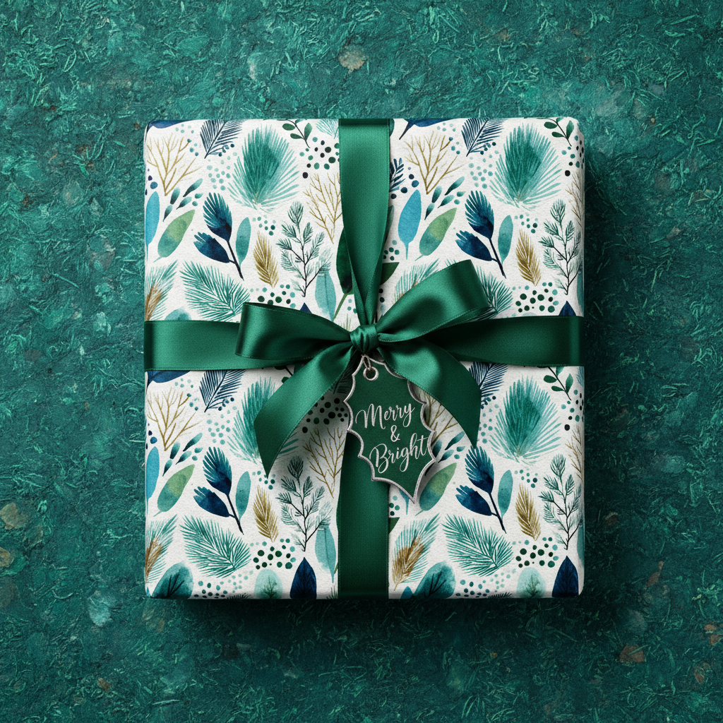 Elegant Christmas gift wrapped in white and teal botanical paper with a green satin ribbon, bow, and "Merry & Bright" tag.