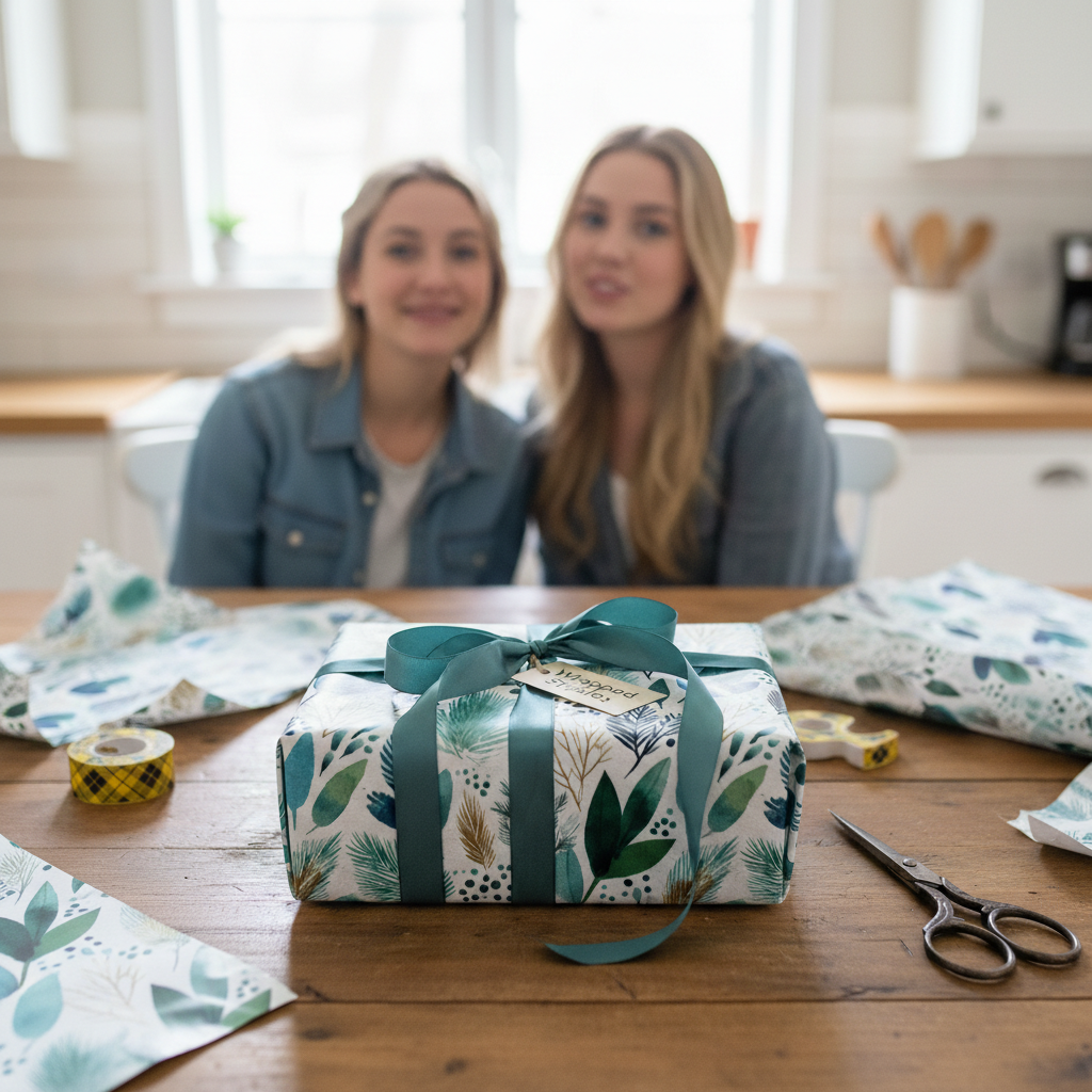 Elegant botanical wrapping paper on a square gift box with a teal ribbon, with two women in a bright kitchen background.