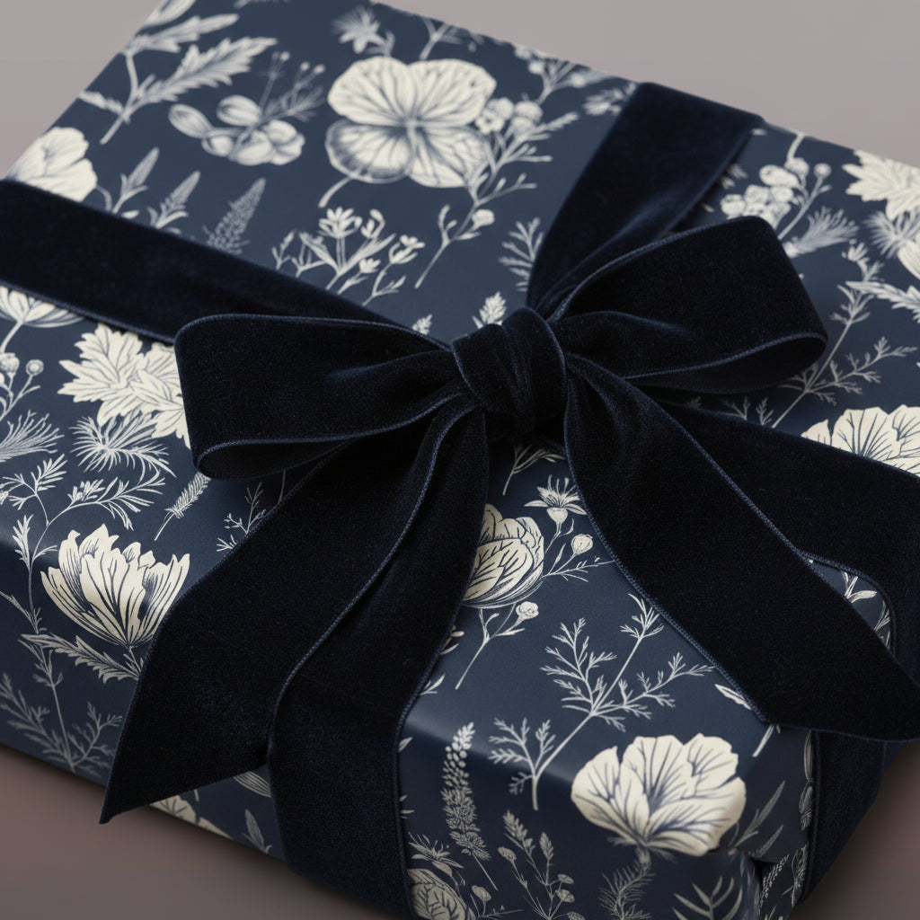 Elegant gift wrapped in navy floral wrapping paper with a dark blue velvet ribbon.