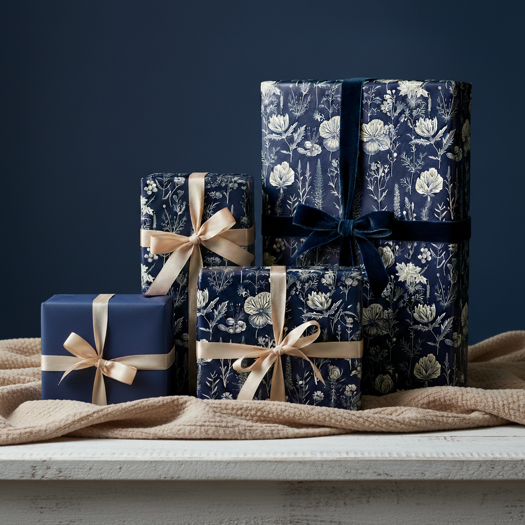 Navy floral wrapping paper with velvet and satin ribbon on a stack of elegant gifts.