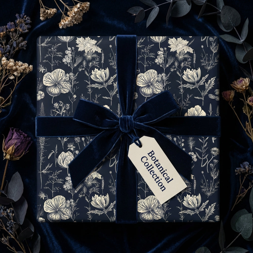 Elegant floral wrapping paper in navy with velvet ribbon bow, perfect for birthday gift wrap or botanical themed gifts.
