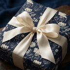 Navy floral wrapping paper with cream ribbon, perfect for elegant birthday or wedding gifts.