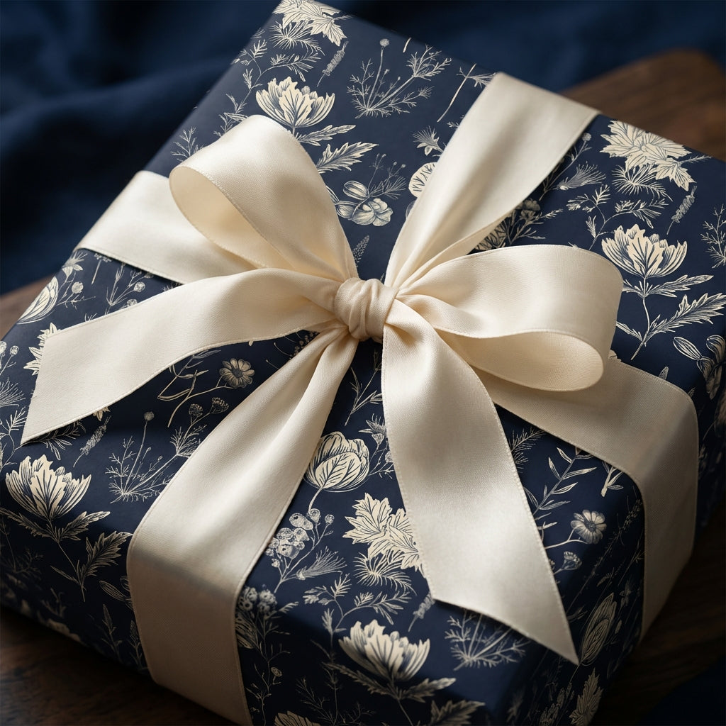 Navy floral wrapping paper with cream ribbon, perfect for elegant birthday or wedding gifts.