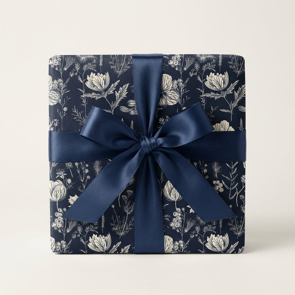 Elegant gift wrapped in navy floral wrapping paper with a dark blue satin bow.