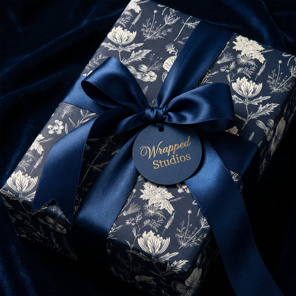 Elegant floral wrapping paper in navy and cream with a satin navy ribbon.