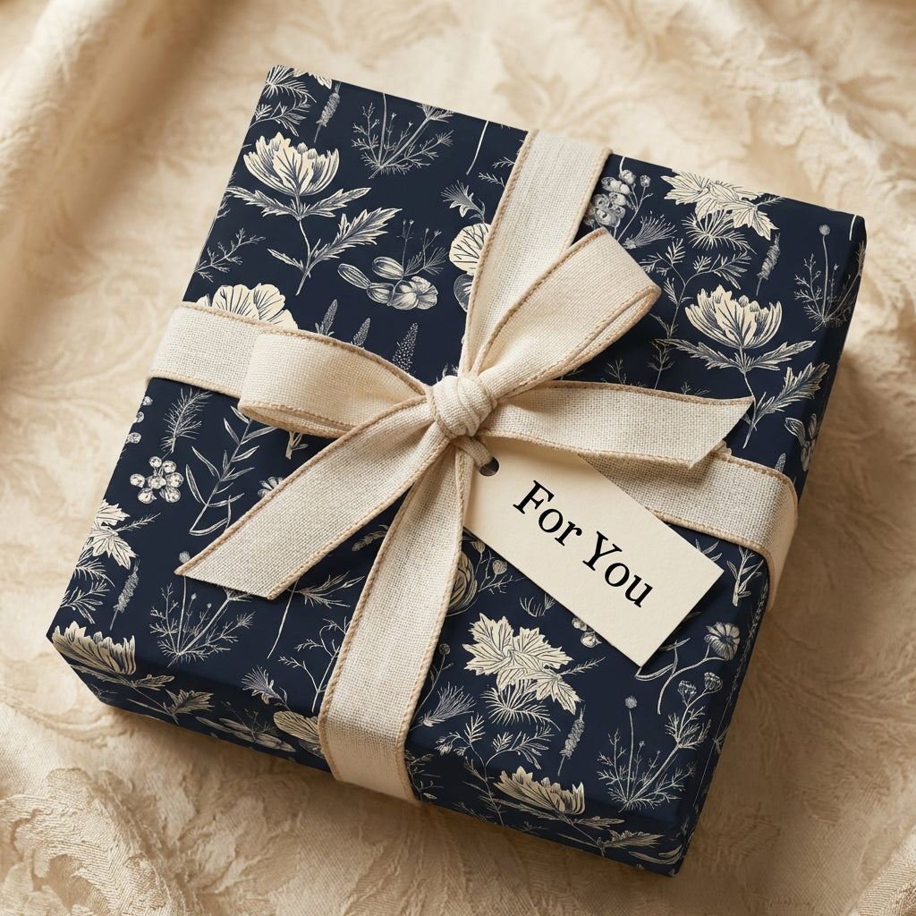 Elegant navy floral wrapping paper on a square gift box with a beige ribbon and "For You" tag.