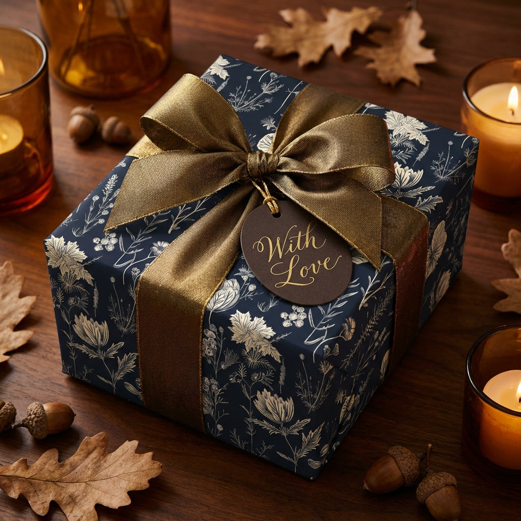 Elegant floral wrapping paper with a gold ribbon, "With Love" tag, and autumn leaves on a wood table.