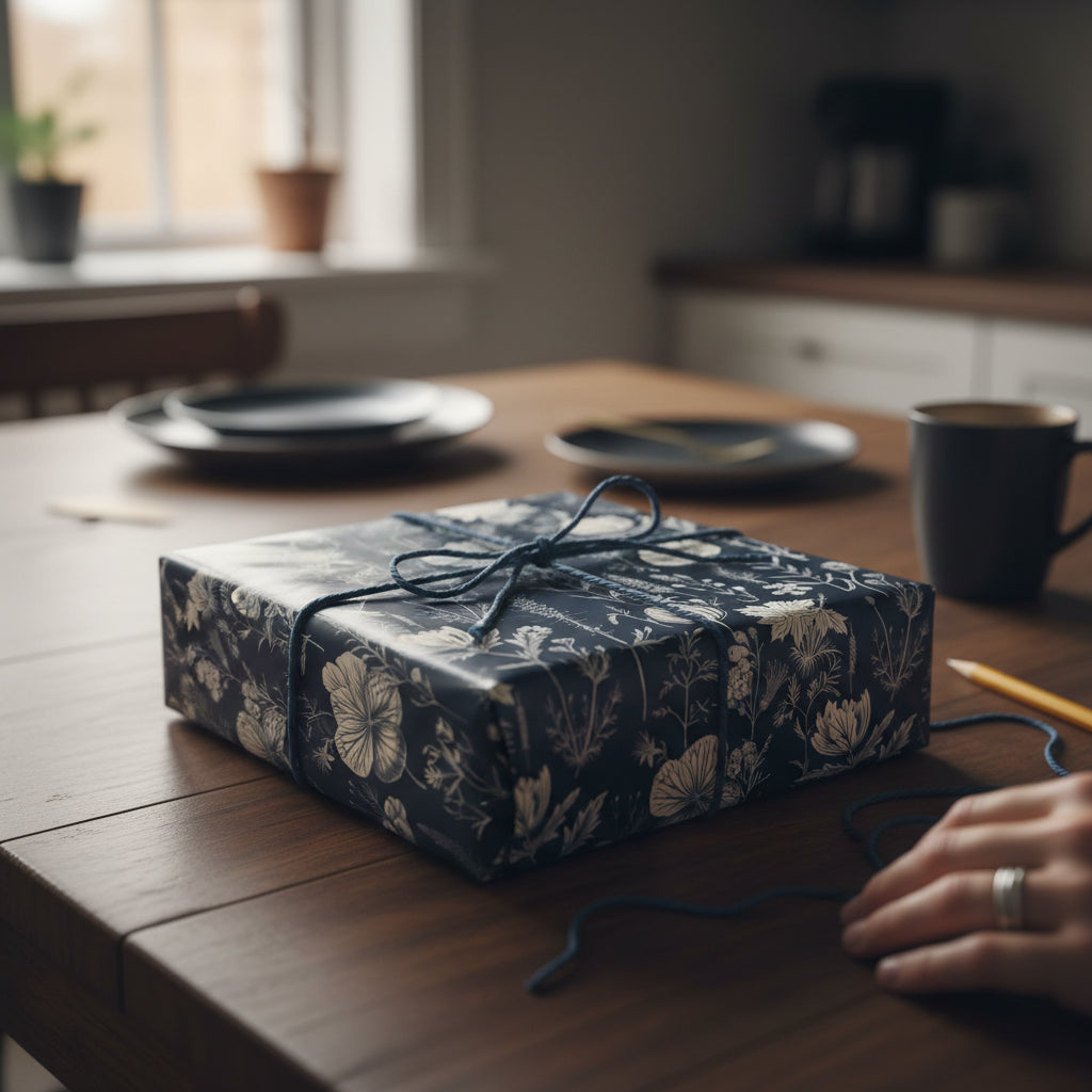 Navy blue floral wrapping paper with string bow, for birthday or any occasion.