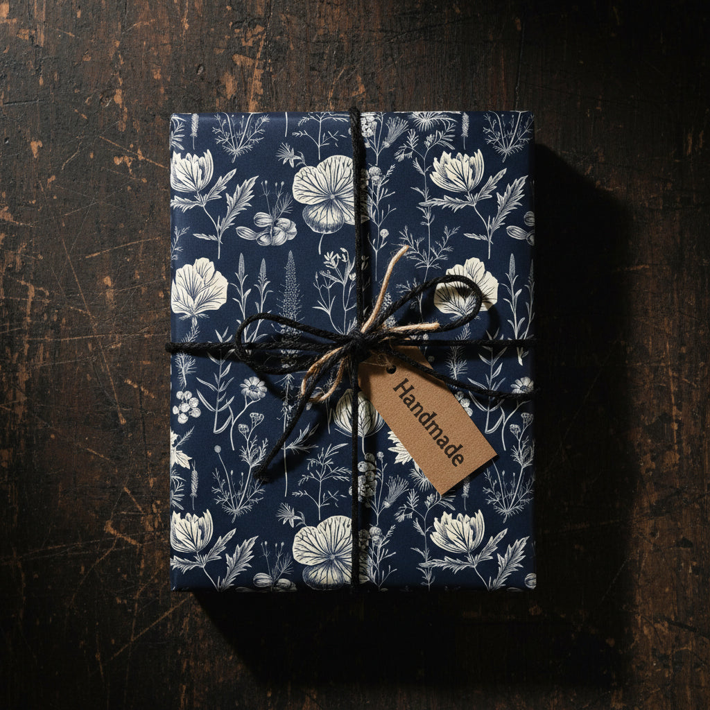 Elegant floral wrapping paper in navy and cream, tied with rustic twine and a "Handmade" tag, on a wood surface.