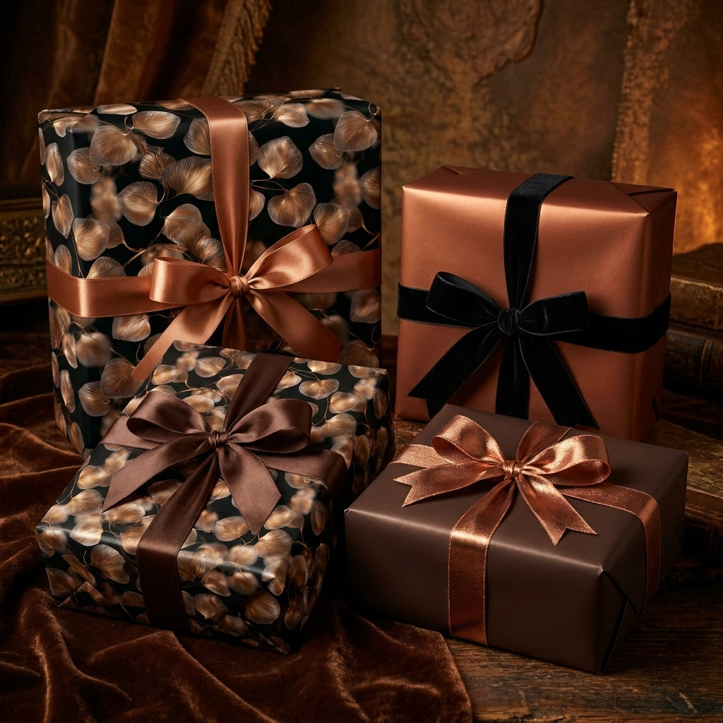 Luxury black and copper leaf wrapping paper with elegant satin ribbons on gift boxes by Wrapped Studios.