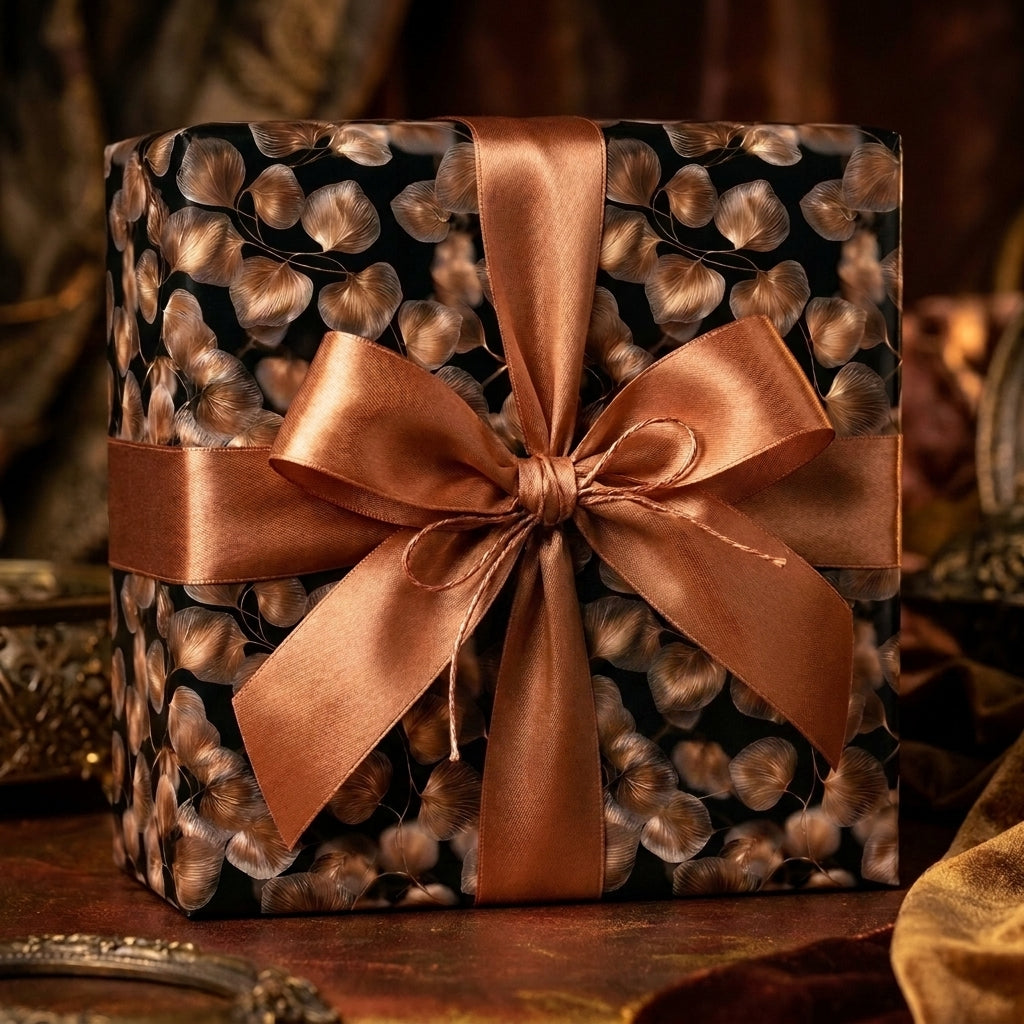 Elegant black and copper botanical luxury gift wrap with a satin bow by Wrapped Studios.