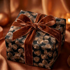 Luxury black and bronze botanical wrapping paper with a velvet ribbon bow by Wrapped Studios.