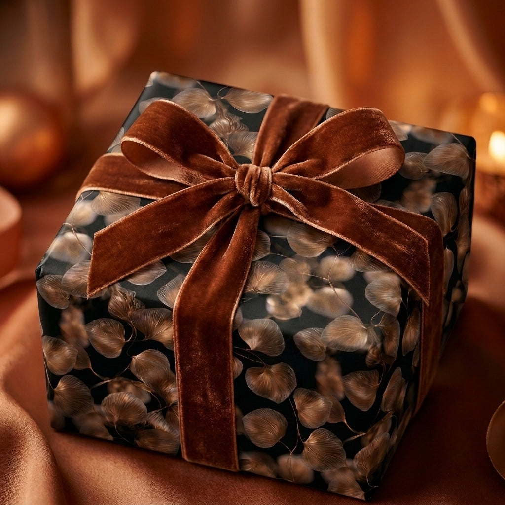Luxury black and bronze botanical wrapping paper with a velvet ribbon bow by Wrapped Studios.