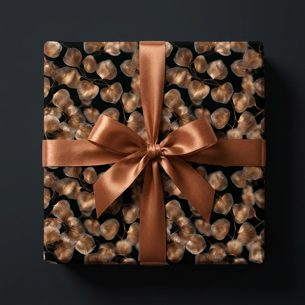 Elegant black and gold floral wrapping paper with a bronze satin bow by Wrapped Studios.