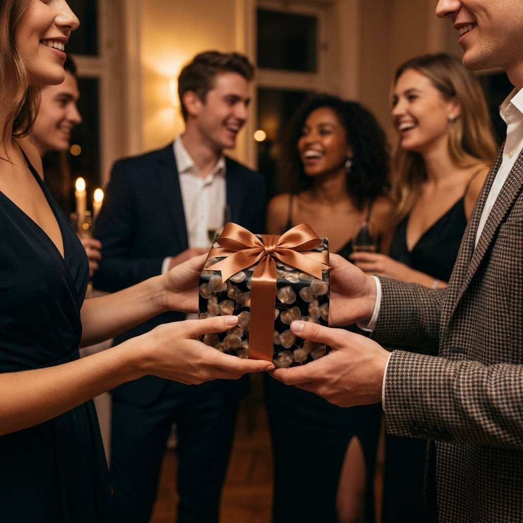 Luxury black and gold leaf wrapping paper with bronze ribbon, gifted at an elegant party by Wrapped Studios.