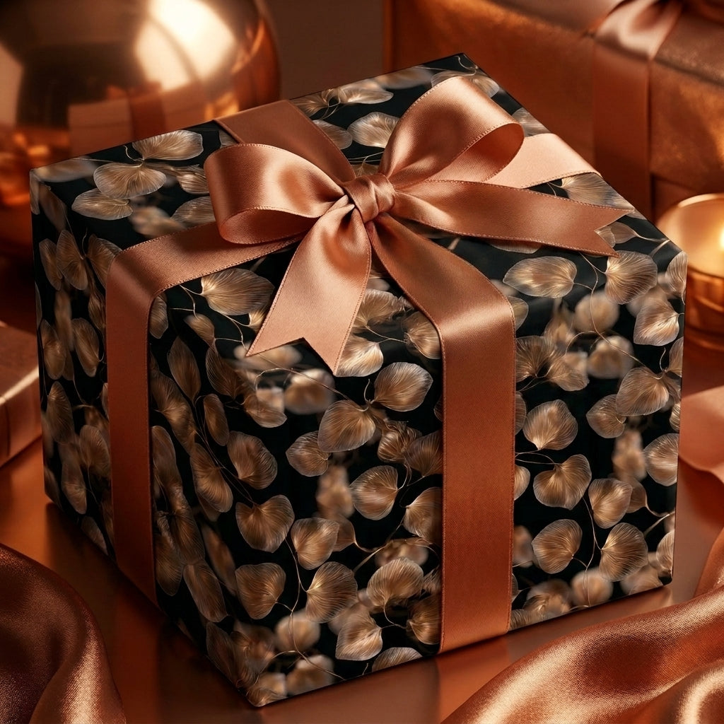 Elegant floral wrapping paper with rose gold leaves on black, tied with a satin bow by Wrapped Studios.
