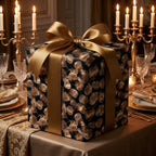 Luxury black and gold gift wrap with botanical leaf pattern and satin ribbon by Wrapped Studios.