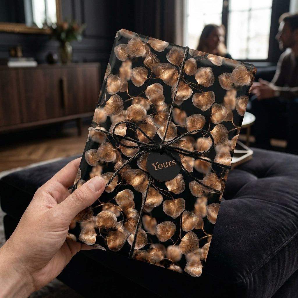 Luxury black and gold botanical wrapping paper on a gift with a twine bow, by Wrapped Studios.