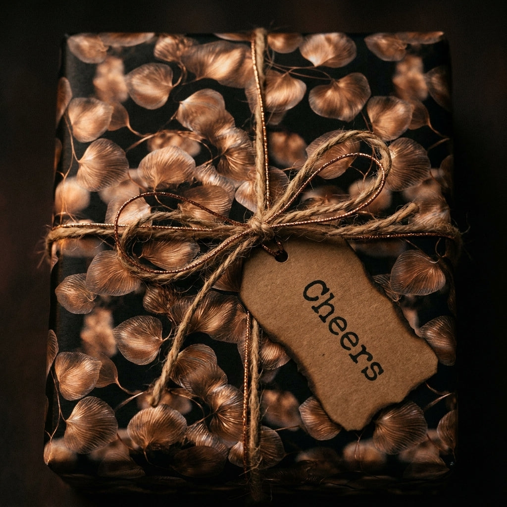 Luxury black and bronze botanical gift wrap by Wrapped Studios, featuring a rustic Cheers tag.