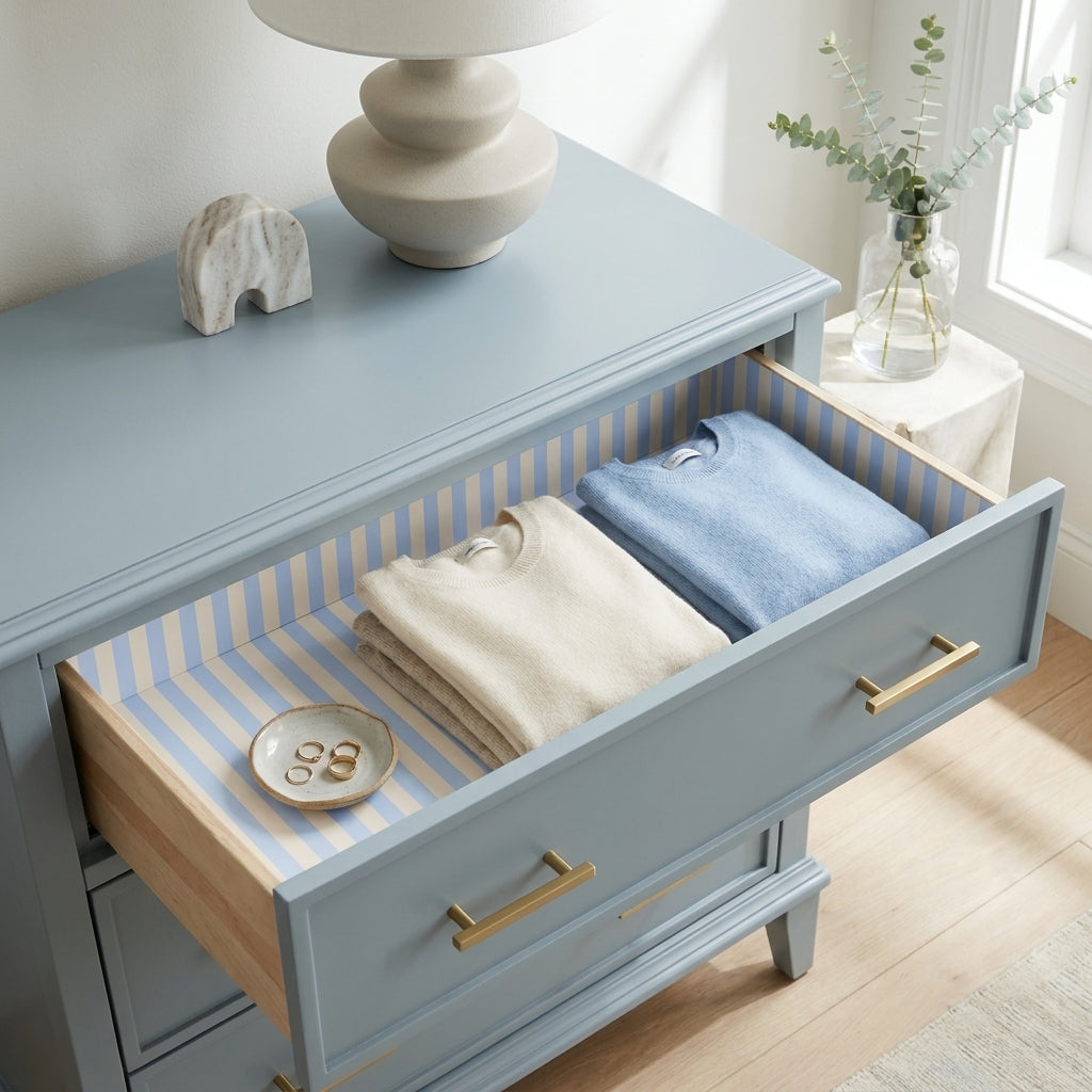 Blue and white striped wrapping paper lining a dresser drawer with folded sweaters, by Wrapped Studios.