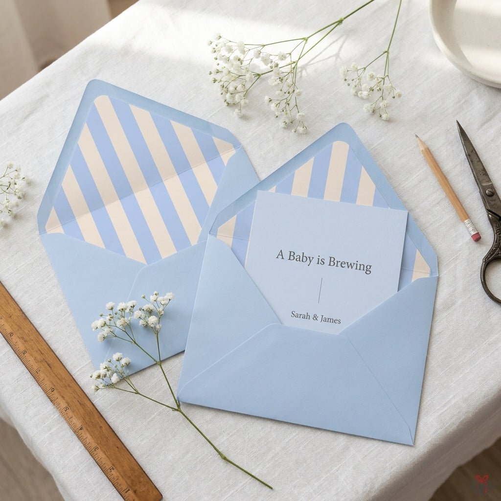 Blue baby shower invitation with striped envelope liners and baby's breath by Wrapped Studios.