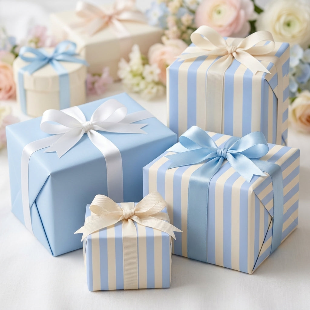 Elegant baby shower wrapping paper in blue stripes and solid pastel with satin bows by Wrapped Studios.