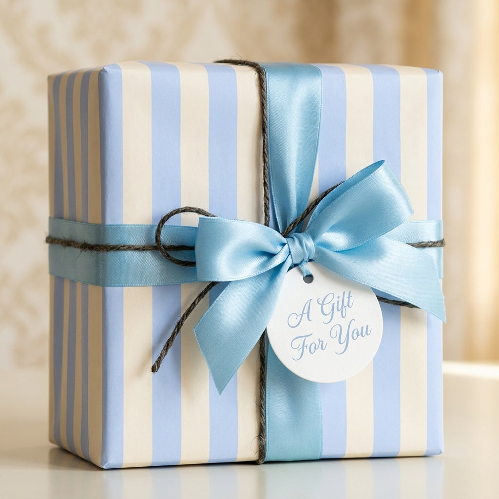 Blue striped wrapping paper with a satin bow and gift tag, perfect for a baby shower by Wrapped Studios.