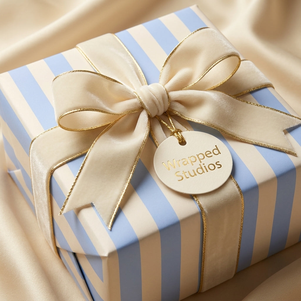 Luxury blue and cream striped wrapping paper with a velvet bow and gift tag by Wrapped Studios.