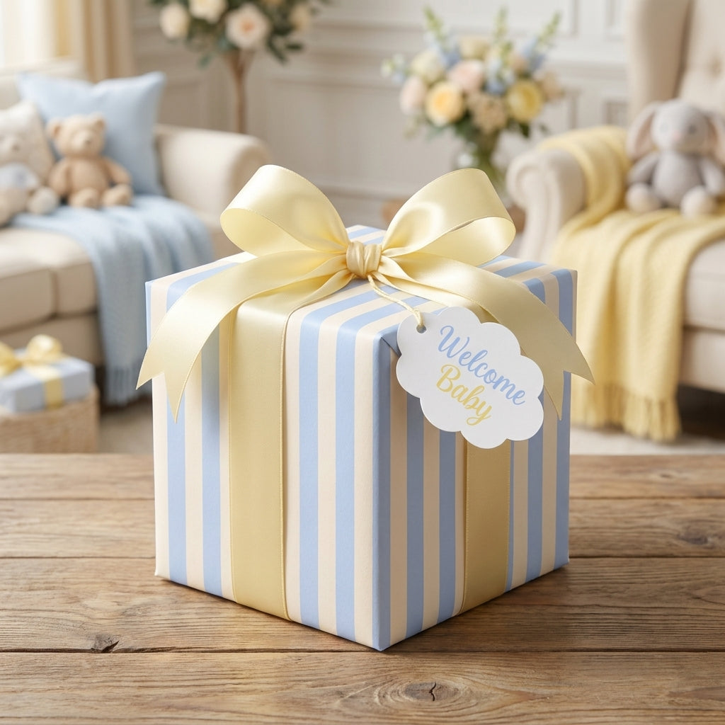 Blue striped baby shower wrapping paper with yellow ribbon and Welcome Baby tag by Wrapped Studios.