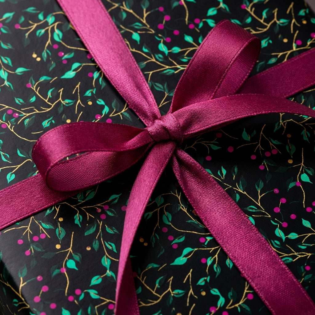 Black floral wrapping paper with magenta ribbon from Wrapped Studios.