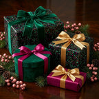 Elegant floral wrapping paper, velvet ribbon & bows on gifts for Christmas or birthdays from Wrapped Studios.