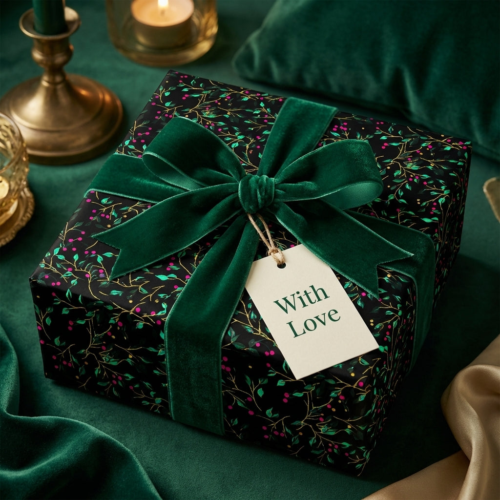 Elegant gift wrapped in dark floral wrapping paper, with a lush green velvet ribbon and a "With Love" tag.