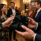 Exchanging a gift wrapped in dark floral gift wrap with a black velvet ribbon at a party.